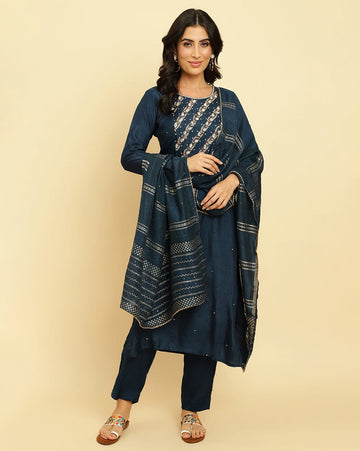 varanga women blue embroidered straight kurta paired with tonal bottom and dupatta